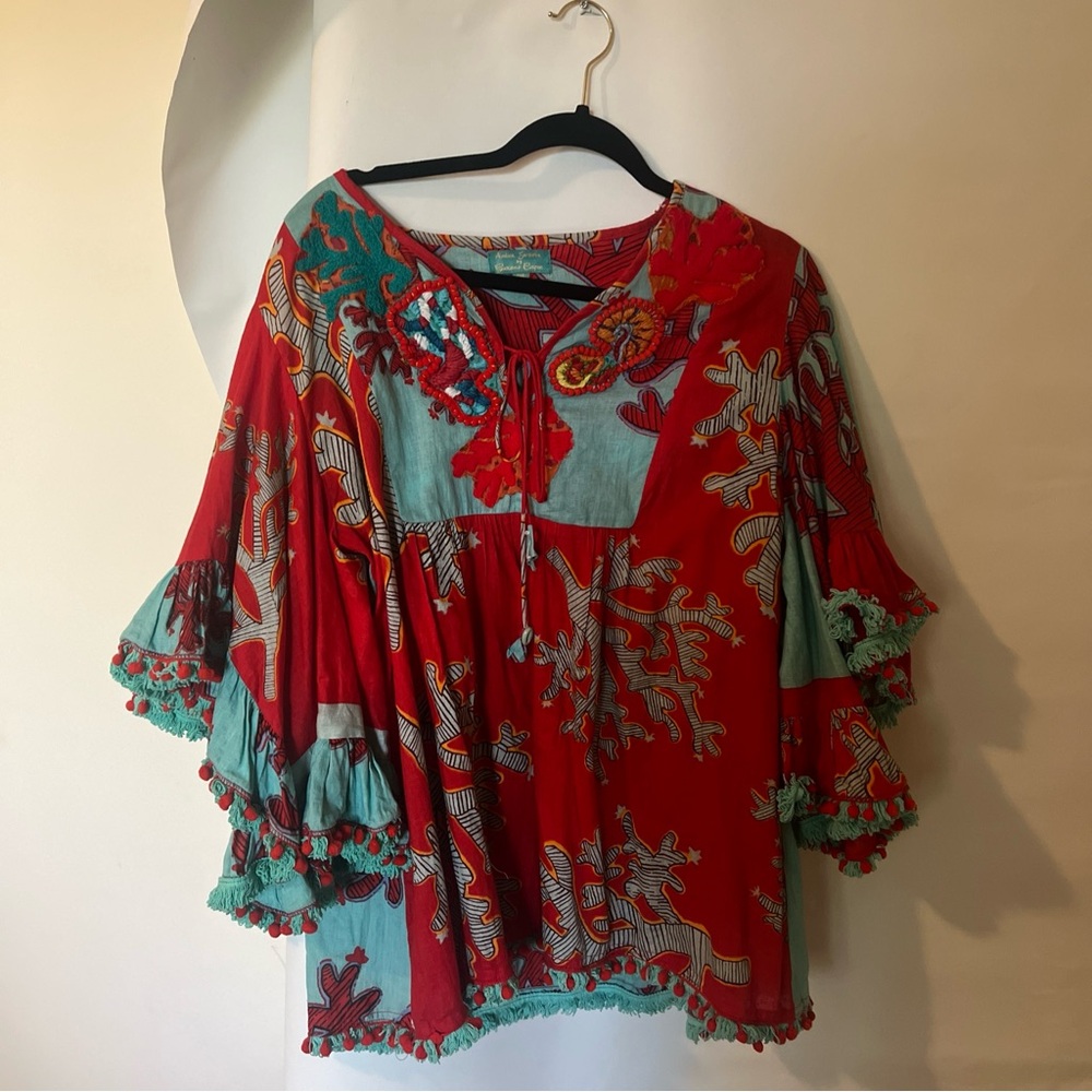Antica Sanatoria Italian  Blouse With Pom Poms , Fringe And Flared Sleeves